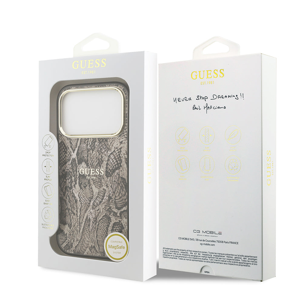 Apple iPhone 17 Pro Max Kılıf Guess Orjinal Lisanslı M-safe Şarj Özellikli Yazı Logolu Python Desenli Kapak Siyah