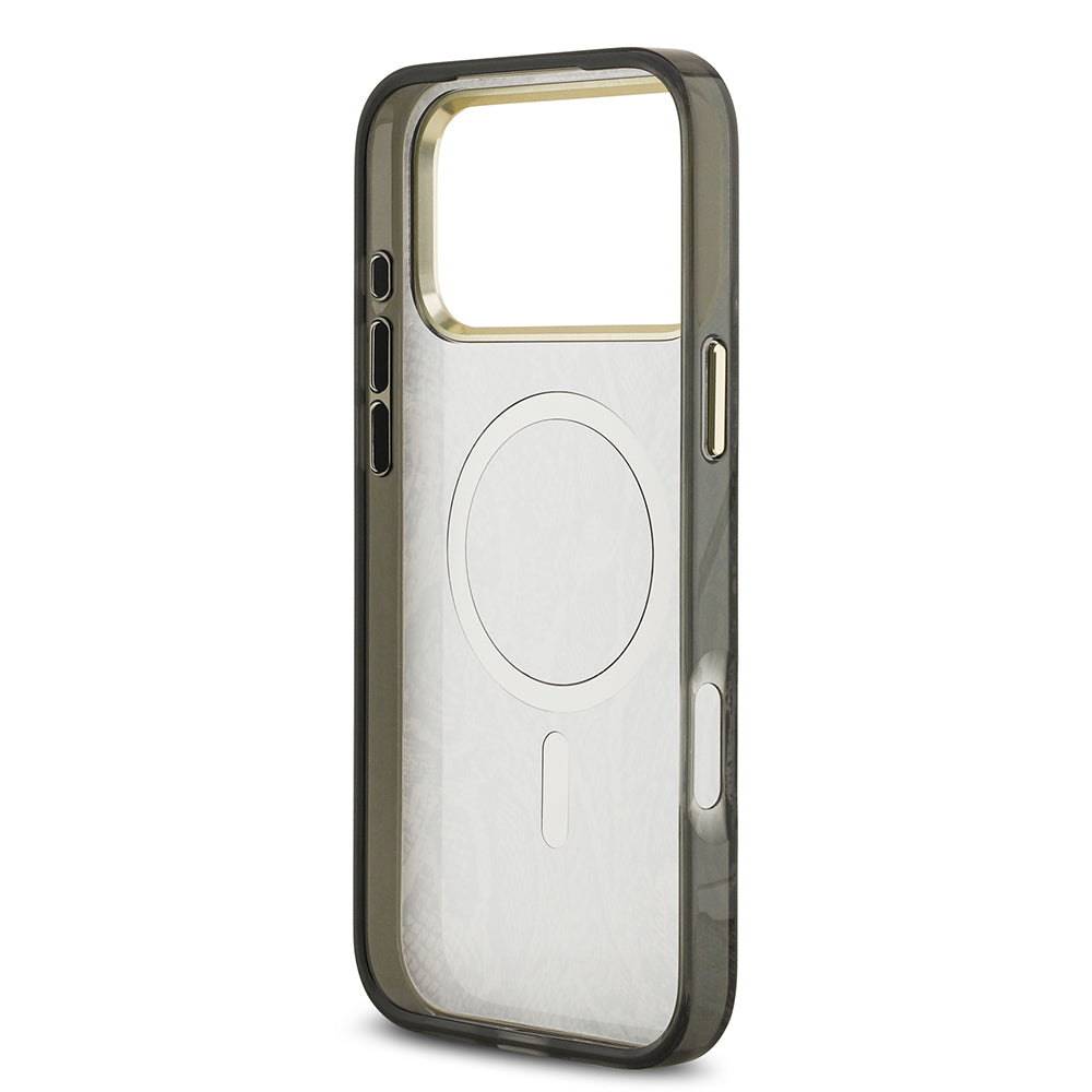 Apple iPhone 17 Pro Max Kılıf Guess Orjinal Lisanslı M-safe Şarj Özellikli Yazı Logolu Python Desenli Kapak Kahverengi