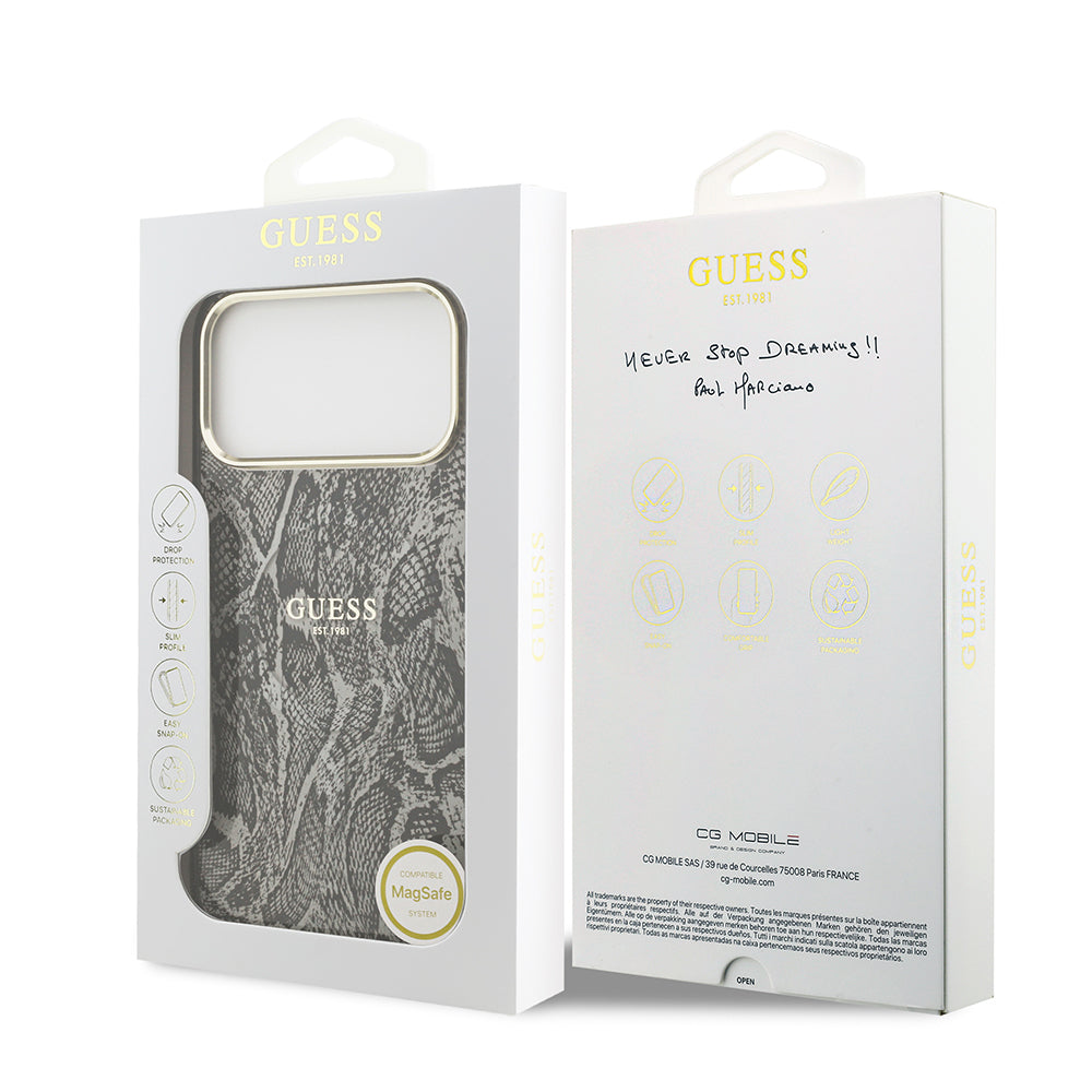 Apple iPhone 17 Pro Max Kılıf Guess Orjinal Lisanslı M-safe Şarj Özellikli Yazı Logolu Python Desenli Kapak Kahverengi