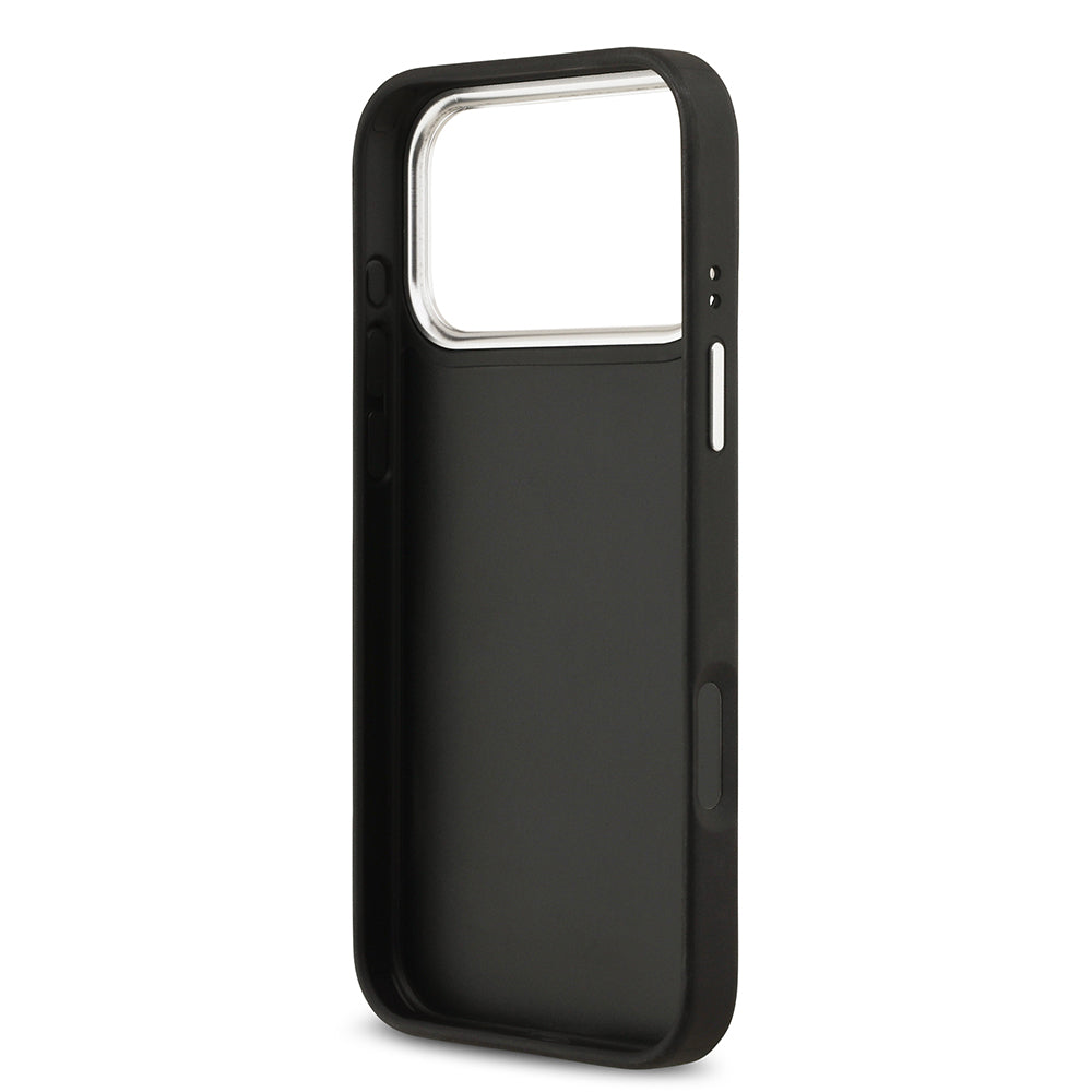 Apple iPhone 17 Pro Max Kılıf Guess Orjinal Lisanslı Metal Kamera Çerçeveli Metal Büyük 4G ve Yazı Logolu PU Deri Kapak Siyah