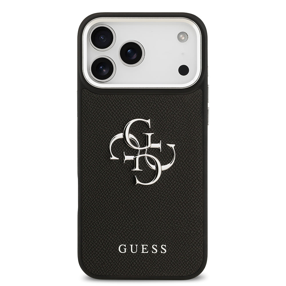 Apple iPhone 17 Pro Max Kılıf Guess Orjinal Lisanslı Metal Kamera Çerçeveli Metal Büyük 4G ve Yazı Logolu PU Deri Kapak Siyah