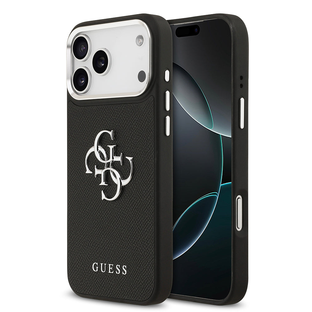 Apple iPhone 17 Pro Max Kılıf Guess Orjinal Lisanslı Metal Kamera Çerçeveli Metal Büyük 4G ve Yazı Logolu PU Deri Kapak Siyah