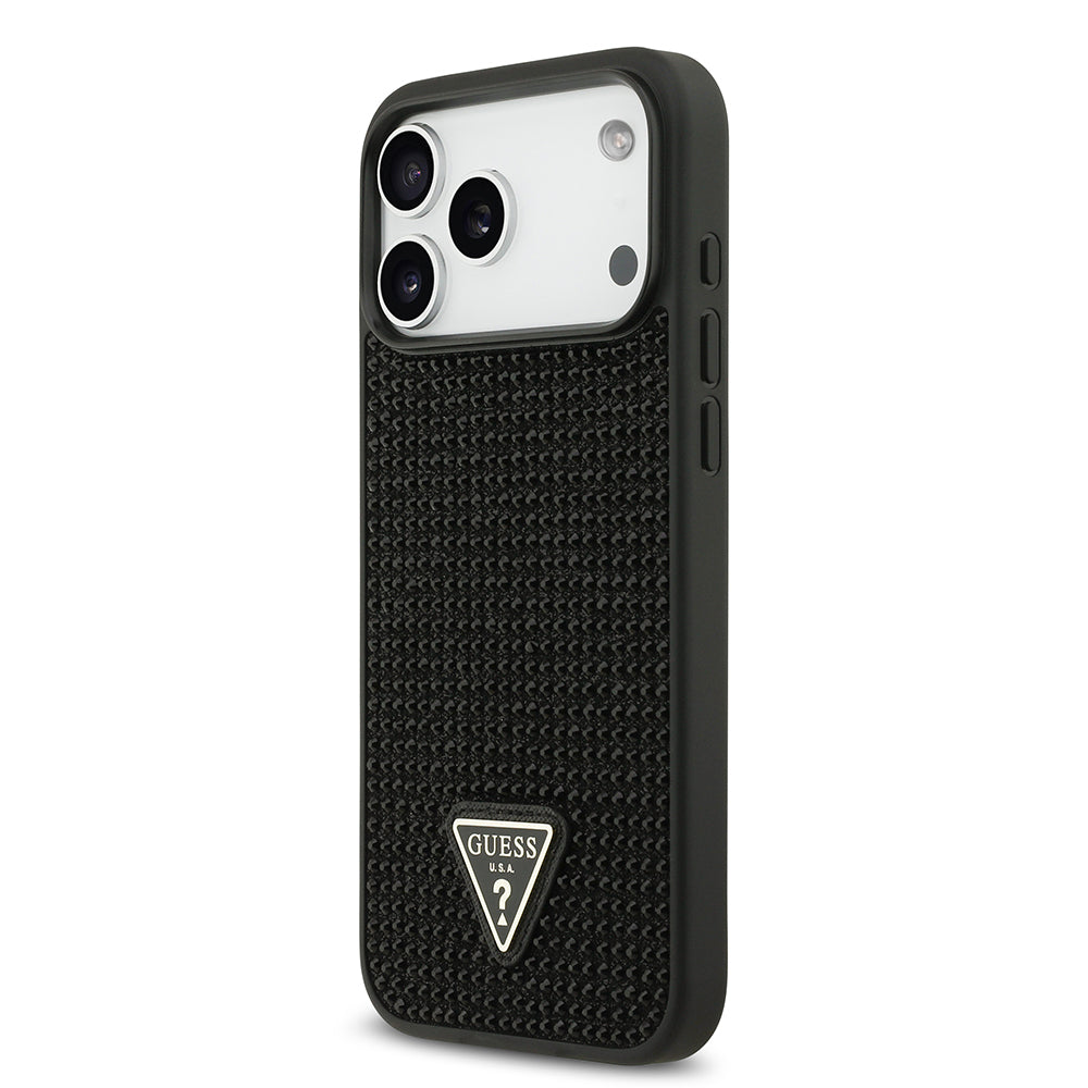 Apple iPhone 17 Pro Max Kılıf Guess Orjinal Lisanslı Taşlı Arka Yüzey Üçgen Logolu Kapak Siyah