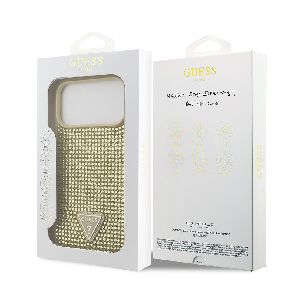 Apple iPhone 17 Pro Max Kılıf Guess Orjinal Lisanslı Taşlı Arka Yüzey Üçgen Logolu Kapak Gold
