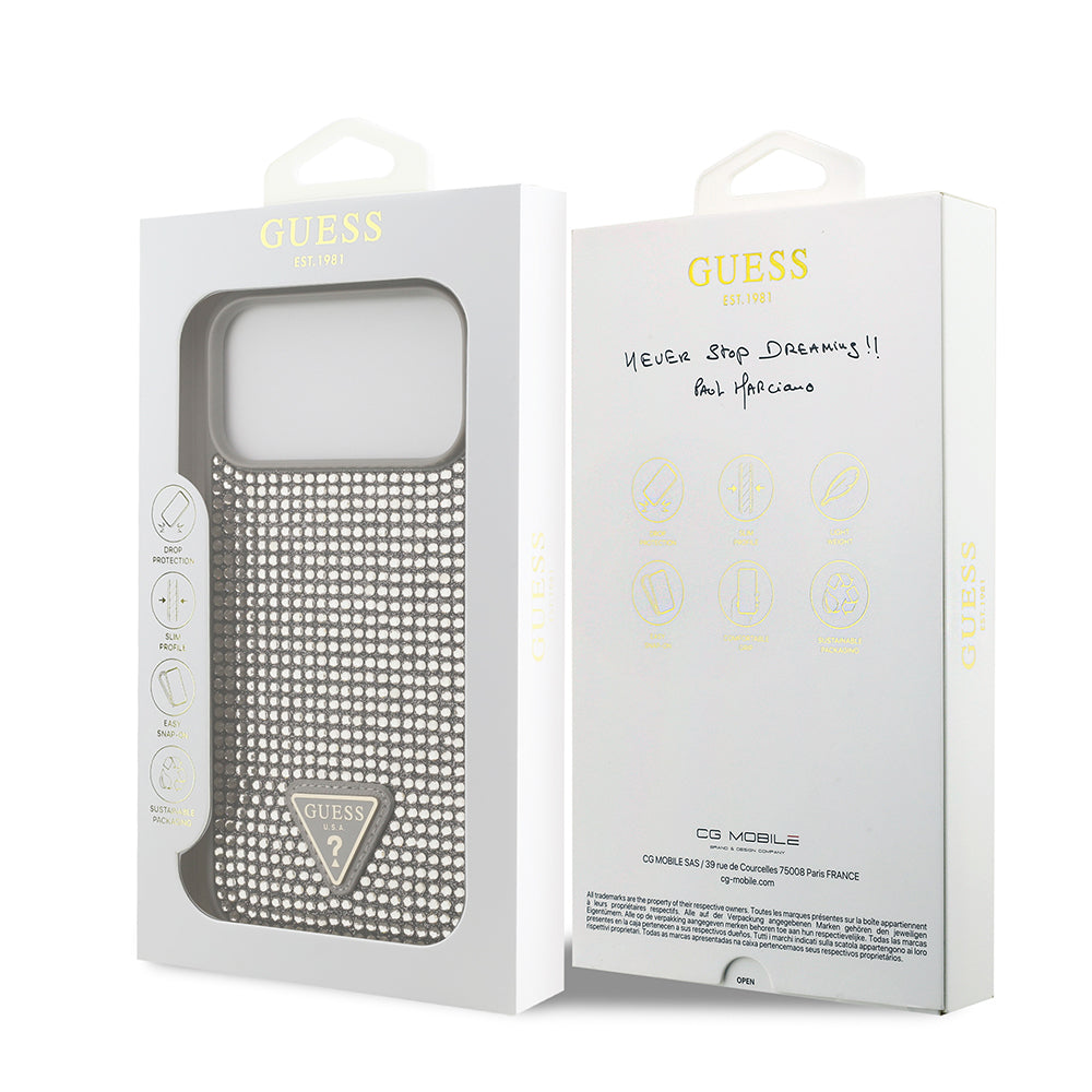 Apple iPhone 17 Pro Max Kılıf Guess Orjinal Lisanslı Taşlı Arka Yüzey Üçgen Logolu Kapak Gold