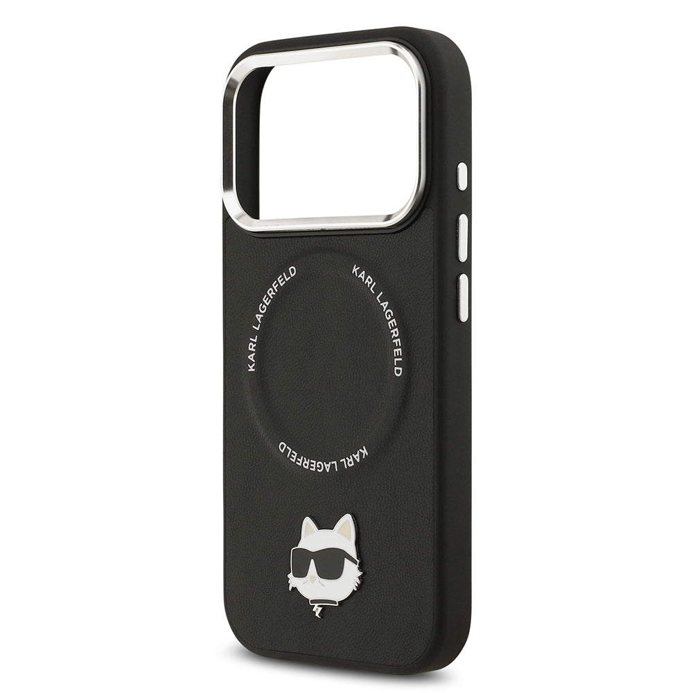 Apple iPhone 17 Pro Max Kılıf Karl Lagerfeld Orjinal Lisanslı M-safe Şarj Özellikli Metal Kamera ve Buton Tasarımlı Choupette PU Deri Kapak Siyah