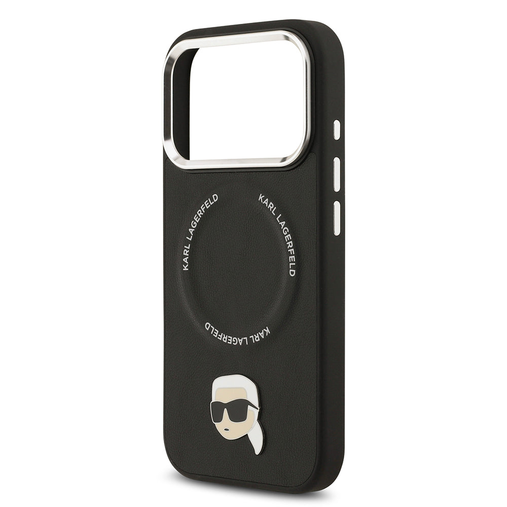 Apple iPhone 17 Pro Max Kılıf Karl Lagerfeld Orjinal Lisanslı M-safe Şarj Özellikli Metal Kamera ve Buton Tasarımlı Karl PU Deri Kapak Siyah
