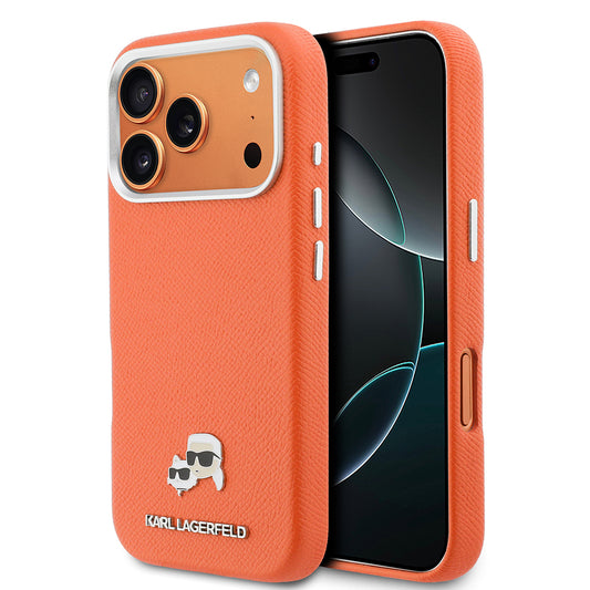 Apple iPhone 17 Pro Max Kılıf Karl Lagerfeld Orjinal Lisanslı M-safe Şarj Özellikli Metal Kamera ve Buton Tasarımlı K&C Head Logolu PU Deri Kapak