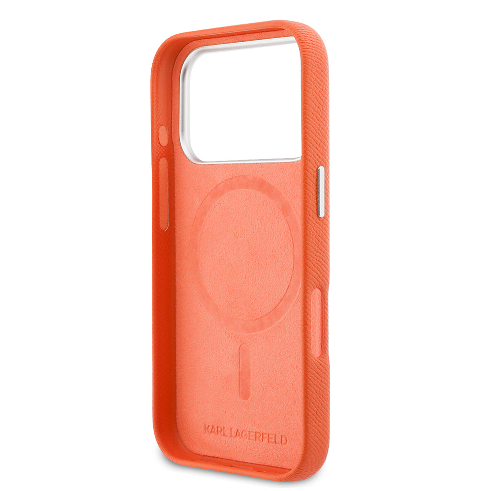 Apple iPhone 17 Pro Max Kılıf Karl Lagerfeld Orjinal Lisanslı M-safe Şarj Özellikli Metal Kamera ve Buton Tasarımlı K&C Head Logolu PU Deri Kapak