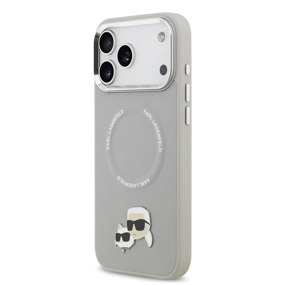 Apple iPhone 17 Pro Max Kılıf Karl Lagerfeld Orjinal Lisanslı M-safe Şarj Özellikli Metal Kamera ve Buton Tasarımlı K&C PU Deri Kapak Gri