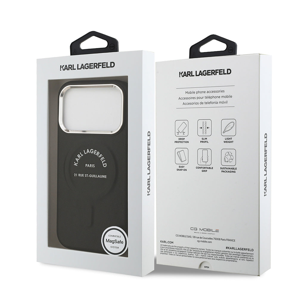 Apple iPhone 17 Pro Max Kılıf Karl Lagerfeld Orjinal Lisanslı M-safe Şarj Özellikli Metal Kamera ve Buton Tasarımlı Paris RSG PU Deri Kapak Kahverengi