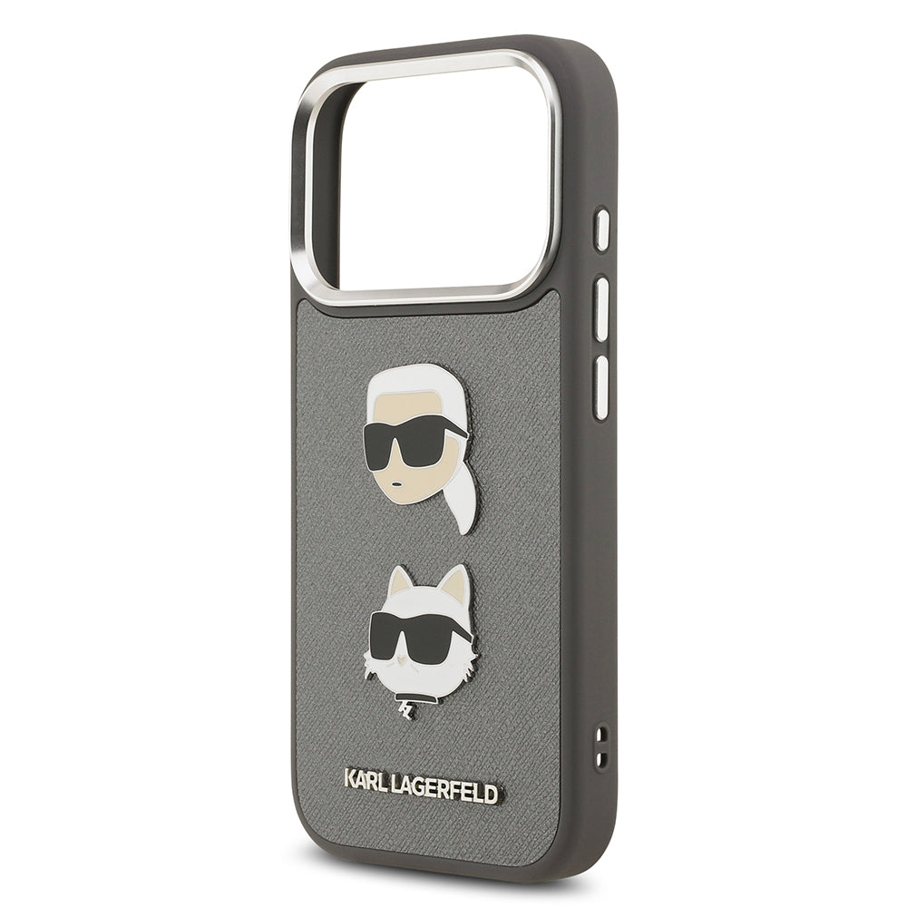 Apple iPhone 17 Pro Max Kılıf Karl Lagerfeld Orjinal Lisanslı Metal Logolu K&C Heads Pin Kapak Gri