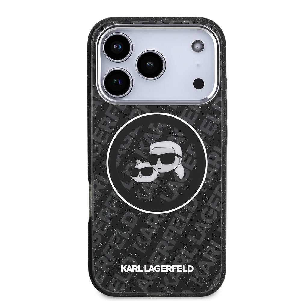 Apple iPhone 17 Pro Max Kılıf Karl Lagerfeld Orjinal Lisanslı Parlayan Simli Karl & Choupette Heads Kapak Pembe