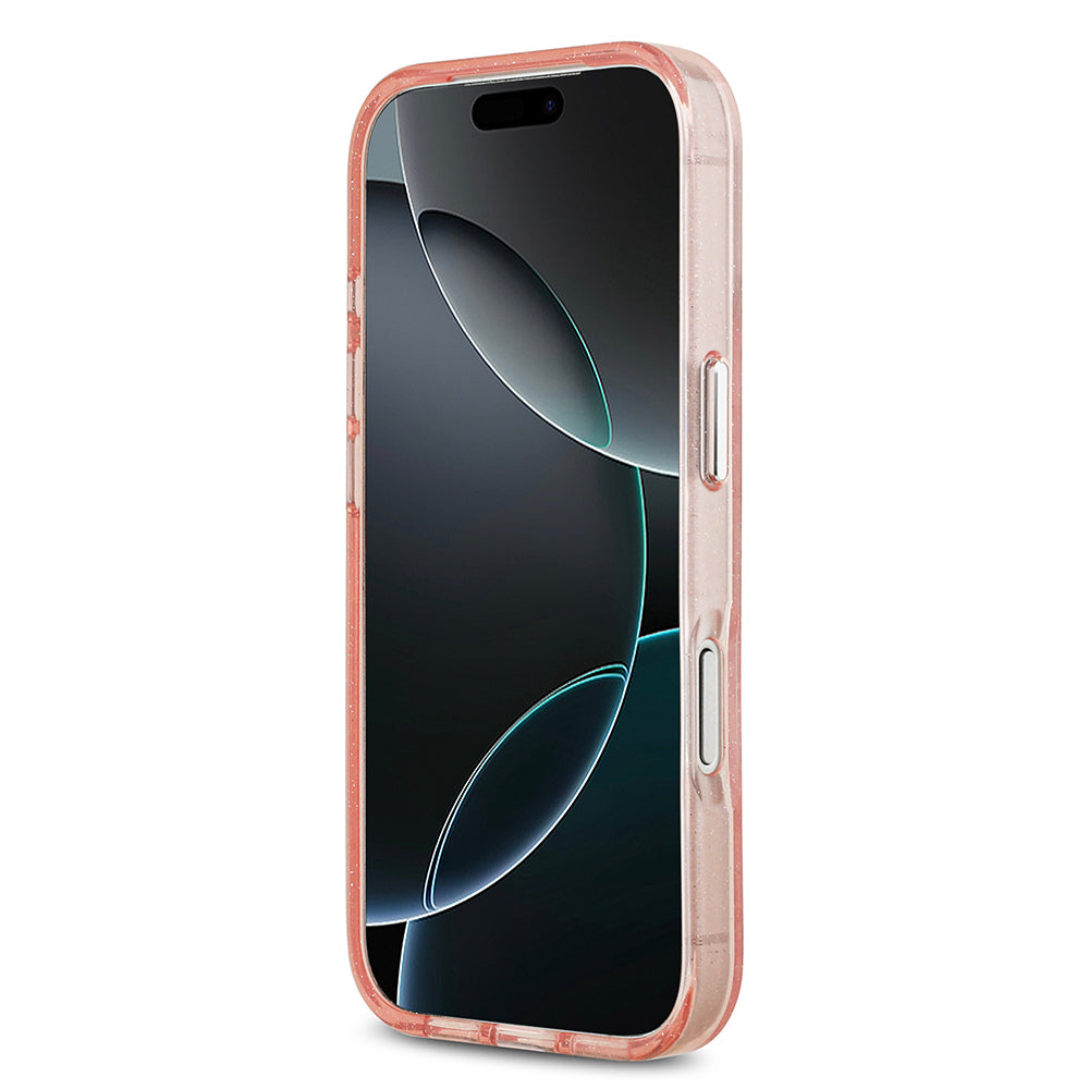 Apple iPhone 17 Pro Max Kılıf Karl Lagerfeld Orjinal Lisanslı Parlayan Simli Karl & Choupette Heads Kapak Pembe