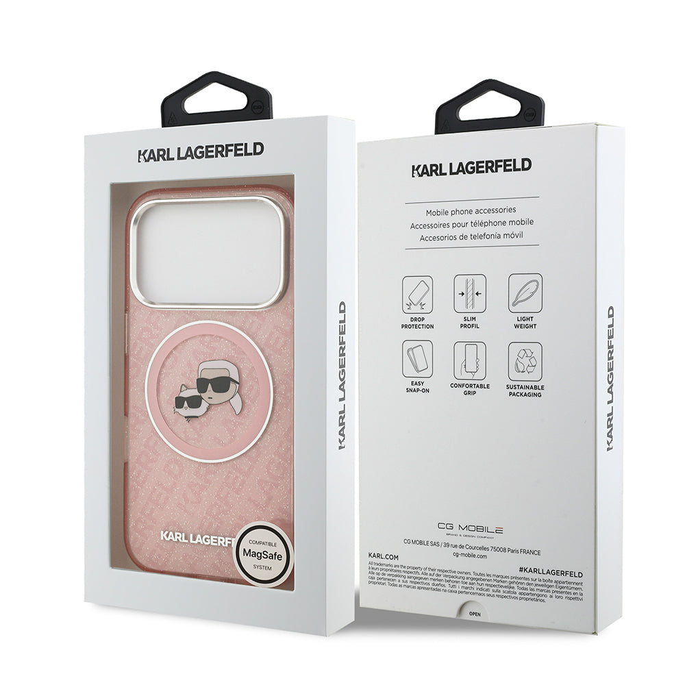 Apple iPhone 17 Pro Max Kılıf Karl Lagerfeld Orjinal Lisanslı Parlayan Simli Karl & Choupette Heads Kapak Siyah