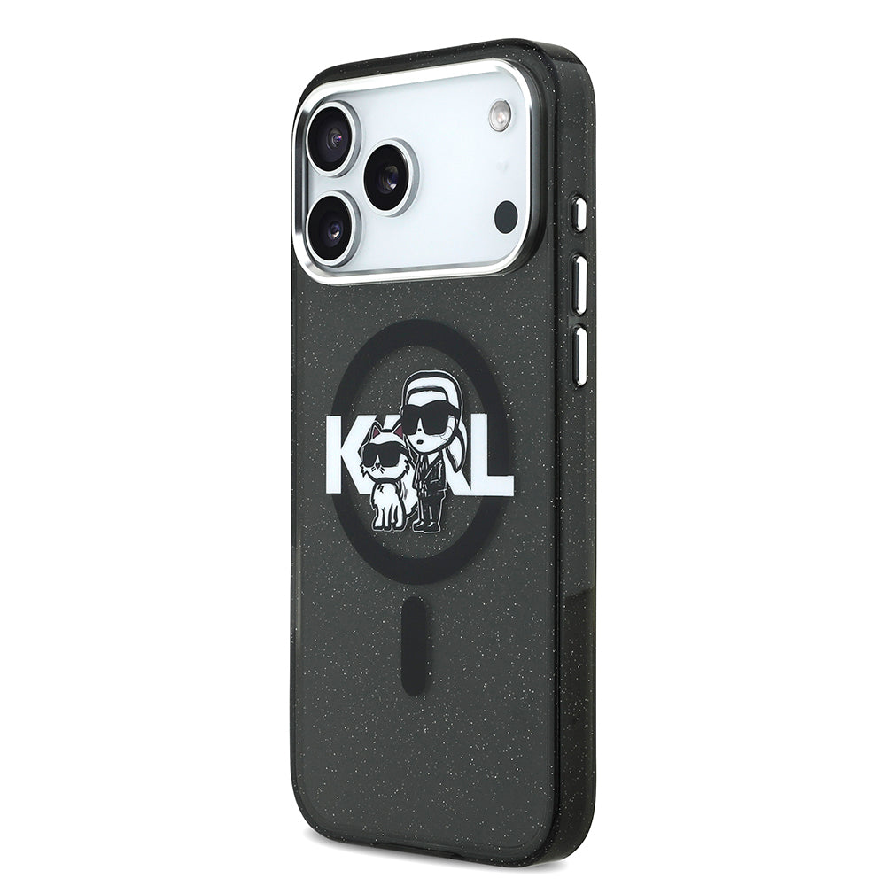 Apple iPhone 17 Pro Max Kılıf Karl Lagerfeld Orjinal Lisanslı Parlayan Simli Karl & Choupette Sketch Logo Kapak Siyah