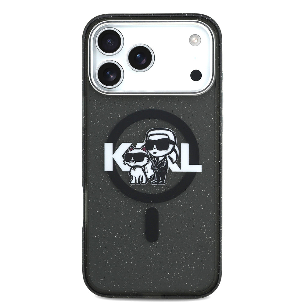 Apple iPhone 17 Pro Max Kılıf Karl Lagerfeld Orjinal Lisanslı Parlayan Simli Karl & Choupette Sketch Logo Kapak Siyah