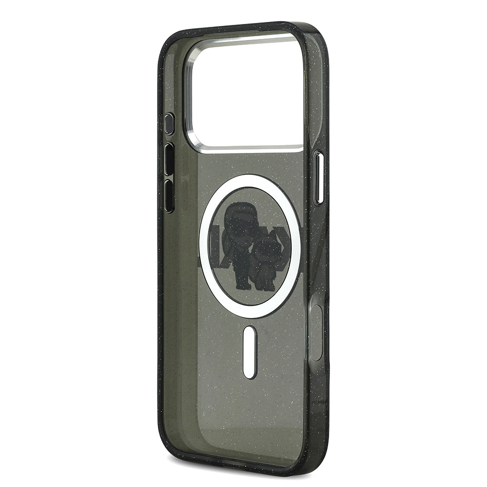 Apple iPhone 17 Pro Max Kılıf Karl Lagerfeld Orjinal Lisanslı Parlayan Simli Karl & Choupette Sketch Logo Kapak Siyah