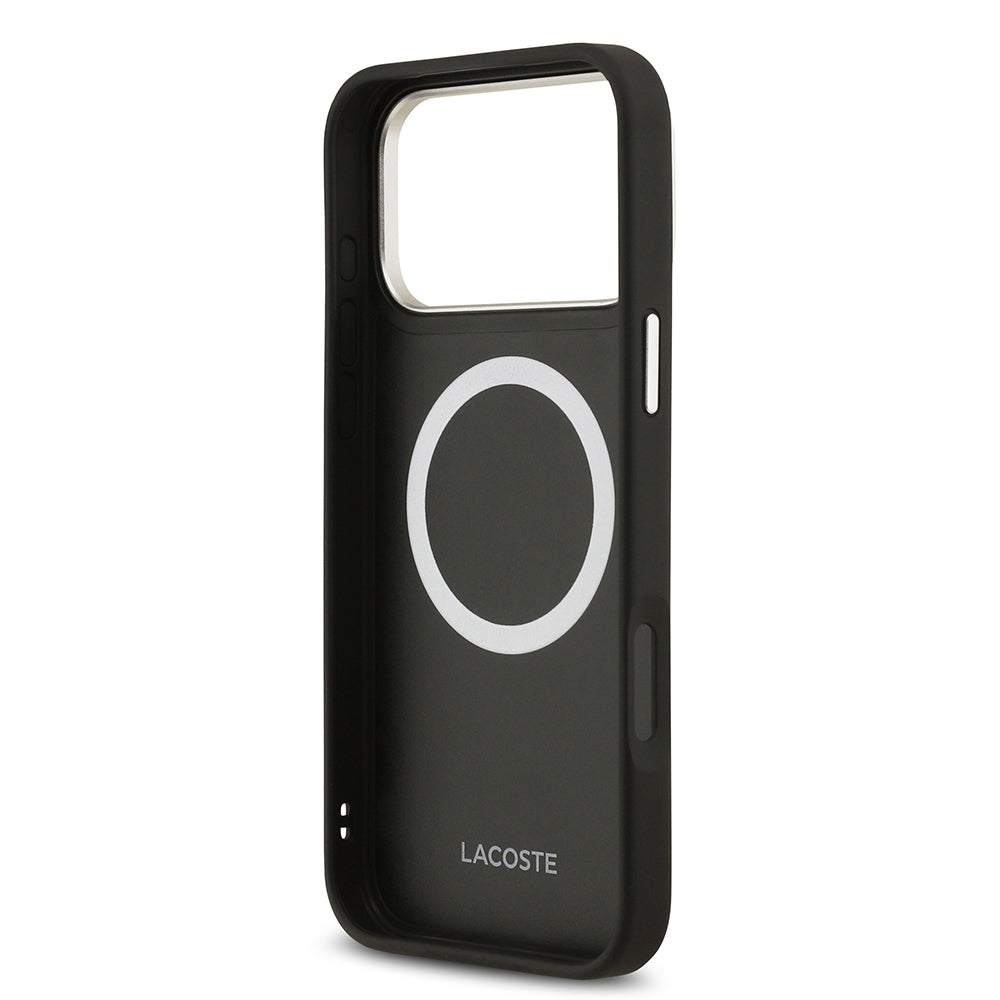 Apple iPhone 17 Pro Max Kılıf Lacoste Orjinal Lisanslı M-safe Şarj Özellikli Champs Elysees PU Deri Tasarımlı Kapak Siyah