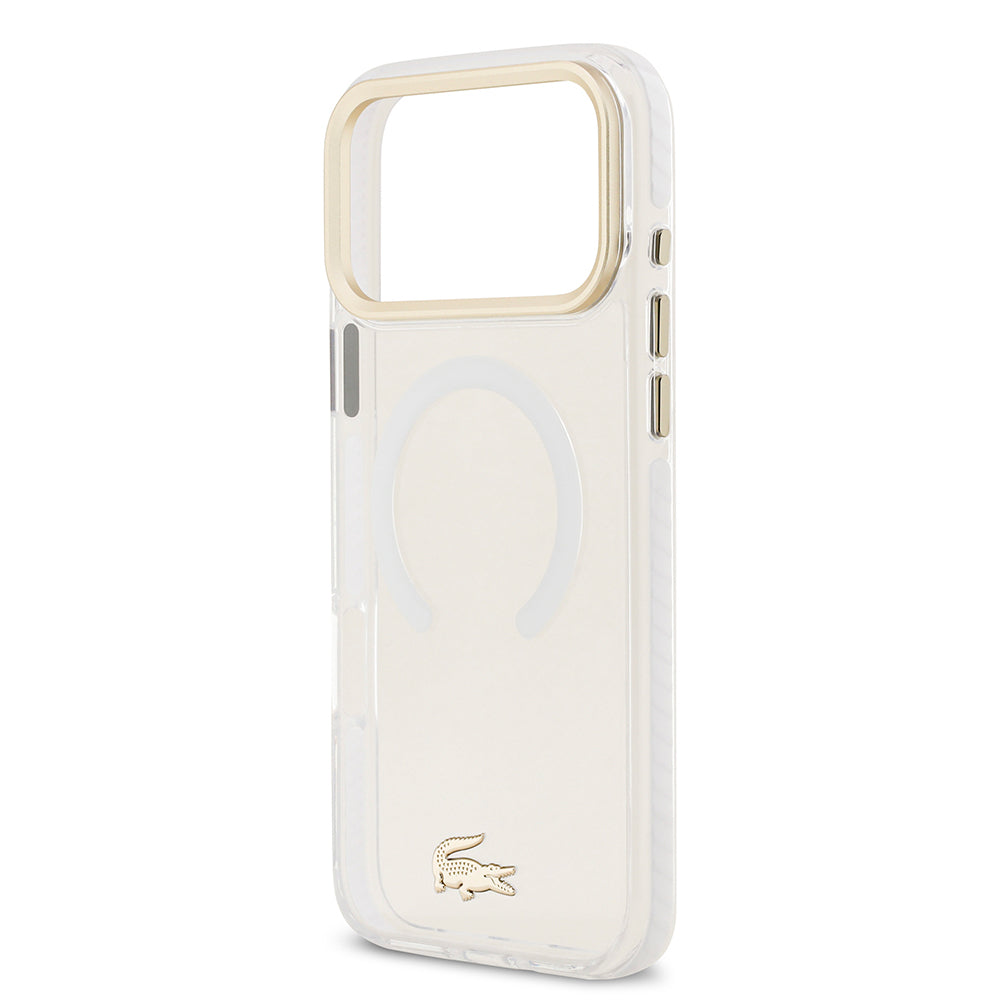 Apple iPhone 17 Pro Max Kılıf Lacoste Orjinal Lisanslı M-safe Şarj Özellikli Gold Timsah Logolu Buzlu Kapak Beyaz