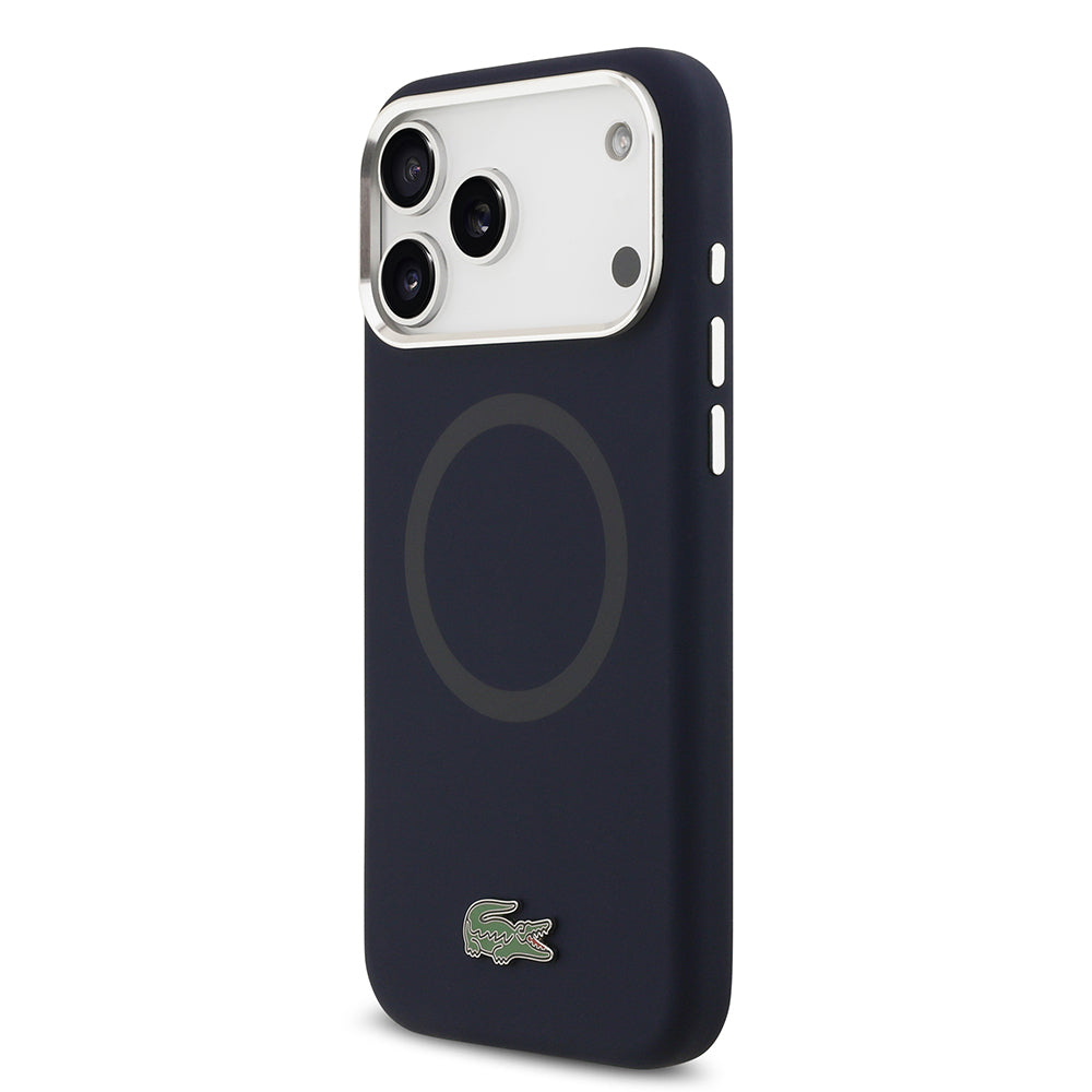 Apple iPhone 17 Pro Max Kılıf Lacoste Orjinal Lisanslı M-safe Şarj Özellikli İkonik Logolu Metal Kamera Çerçeveli Silikon Kapak Lacivert