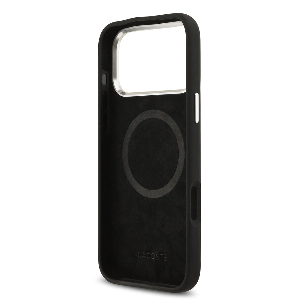 Apple iPhone 17 Pro Max Kılıf Lacoste Orjinal Lisanslı M-safe Şarj Özellikli İkonik Logolu Metal Kamera Çerçeveli Silikon Kapak Lacivert