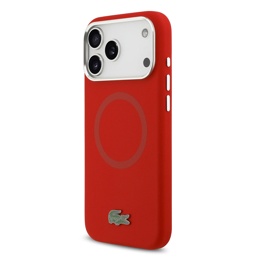 Apple iPhone 17 Pro Max Kılıf Lacoste Orjinal Lisanslı M-safe Şarj Özellikli İkonik Logolu Metal Kamera Çerçeveli Silikon Kapak Kırmızı