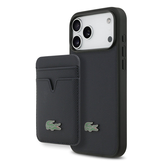 Apple iPhone 17 Pro Max Kılıf Lacoste Orjinal Lisanslı M-safe Şarj Özellikli PU Pike Desenli Metal Logolu Kartlıklı Kapak Lacivert