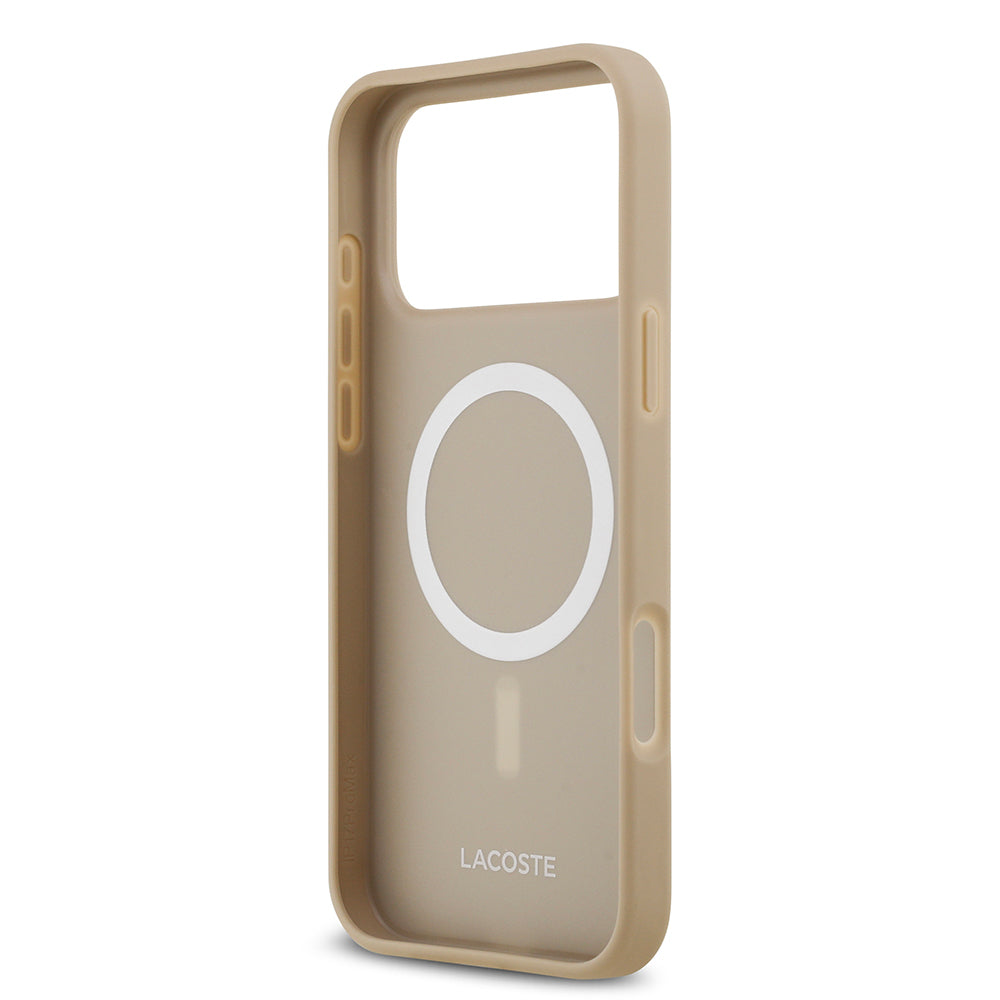 Apple iPhone 17 Pro Max Kılıf Lacoste Orjinal Lisanslı M-safe Şarj Özellikli PU Pike Desenli Metal Logolu Kartlıklı Kapak Lacivert