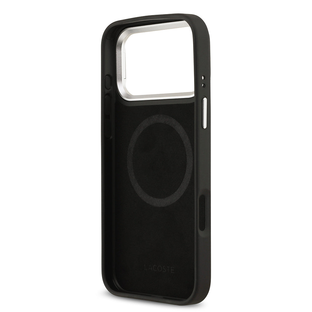 Apple iPhone 17 Pro Max Kılıf Lacoste Orjinal Lisanslı M-safe Şarj Özellikli PU Pike Desenli Standlı Metal Logolu Kapak Siyah