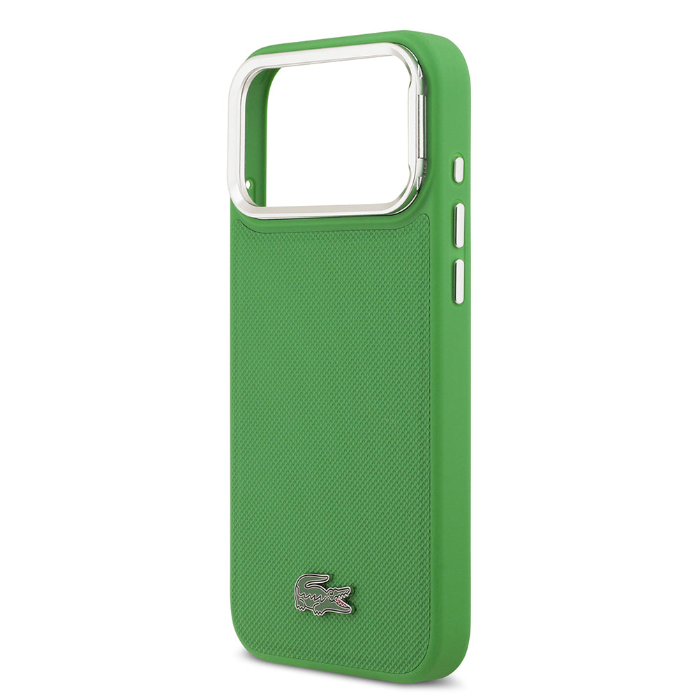 Apple iPhone 17 Pro Max Kılıf Lacoste Orjinal Lisanslı M-safe Şarj Özellikli PU Pike Desenli Standlı Metal Logolu Kapak Yeşil