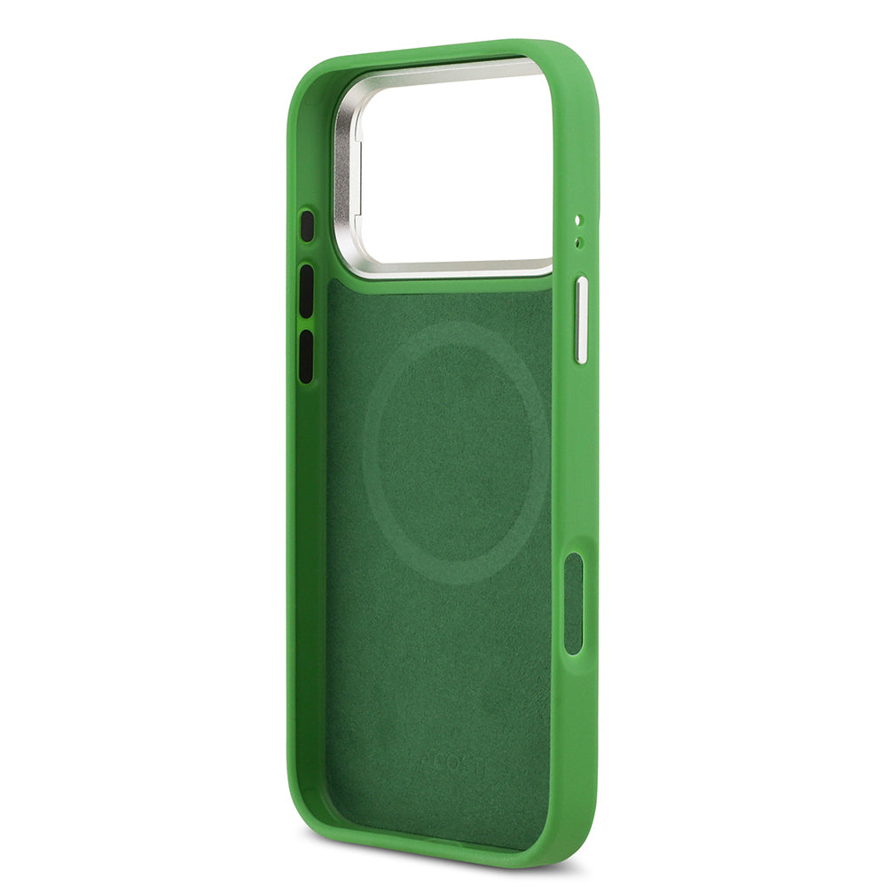 Apple iPhone 17 Pro Max Kılıf Lacoste Orjinal Lisanslı M-safe Şarj Özellikli PU Pike Desenli Standlı Metal Logolu Kapak Koyu Yeşil