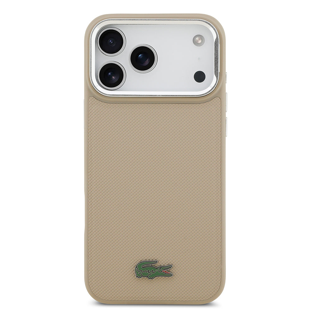 Apple iPhone 17 Pro Max Kılıf Lacoste Orjinal Lisanslı M-safe Şarj Özellikli PU Pike Desenli Standlı Metal Logolu Kapak Bej