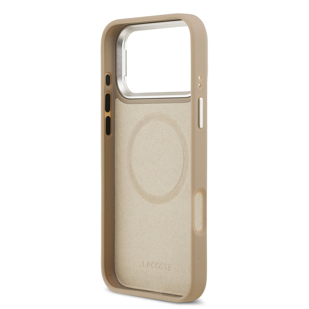 Apple iPhone 17 Pro Max Kılıf Lacoste Orjinal Lisanslı M-safe Şarj Özellikli PU Pike Desenli Standlı Metal Logolu Kapak Bej