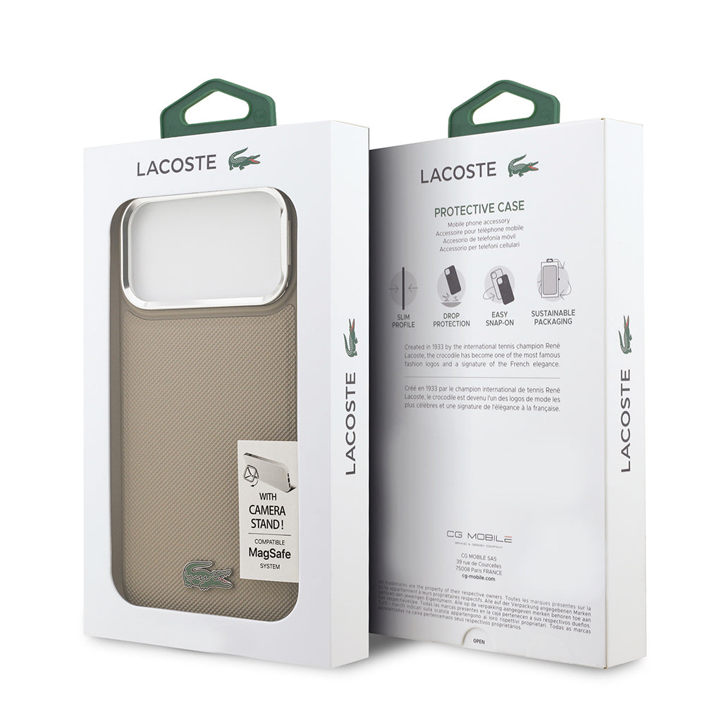 Apple iPhone 17 Pro Max Kılıf Lacoste Orjinal Lisanslı M-safe Şarj Özellikli PU Pike Desenli Standlı Metal Logolu Kapak Yeşil