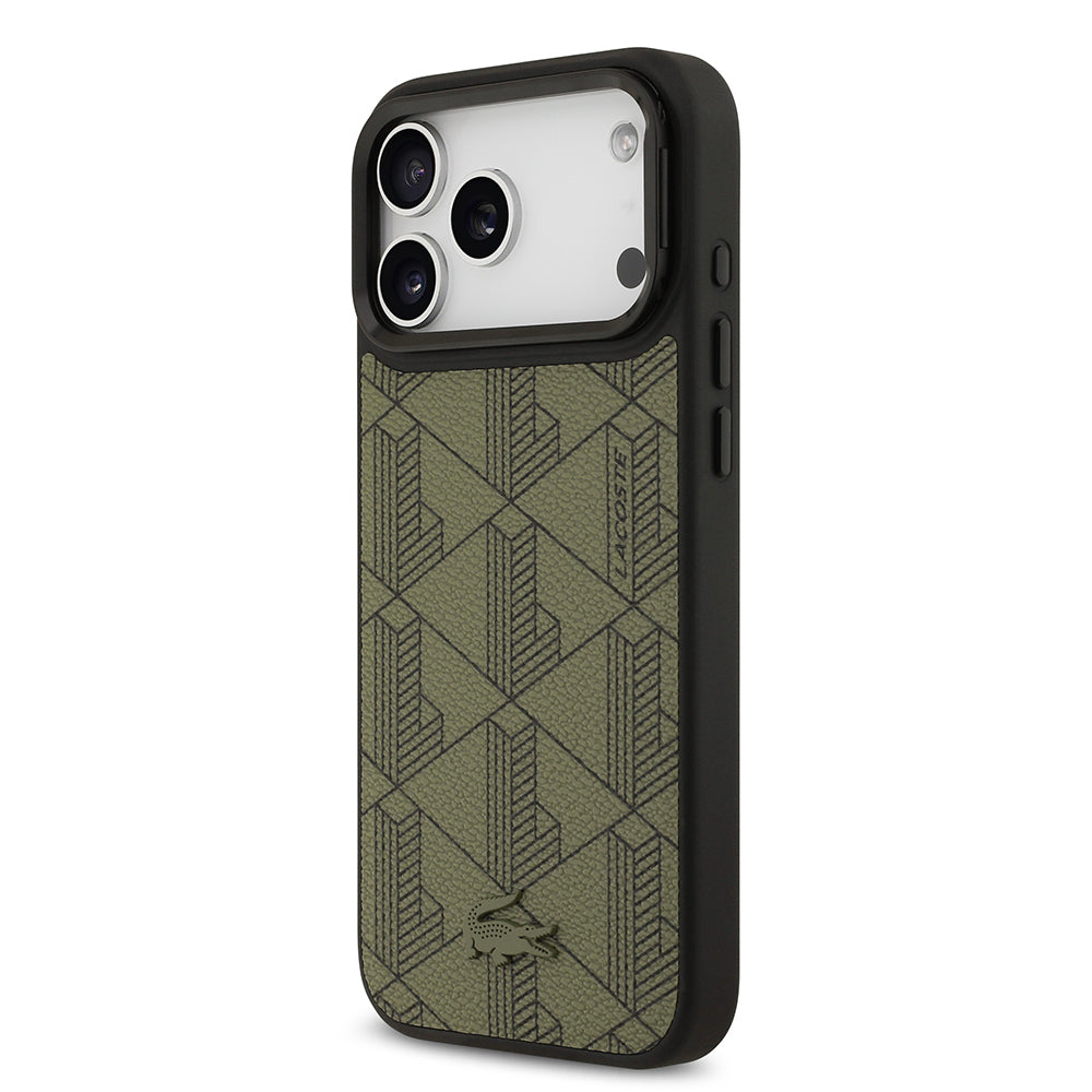 Apple iPhone 17 Pro Max Kılıf Lacoste Orjinal Lisanslı M-safe Şarj Özellikli Standlı PU Deri Karışık Monogram Desenli Kapak Yeşil