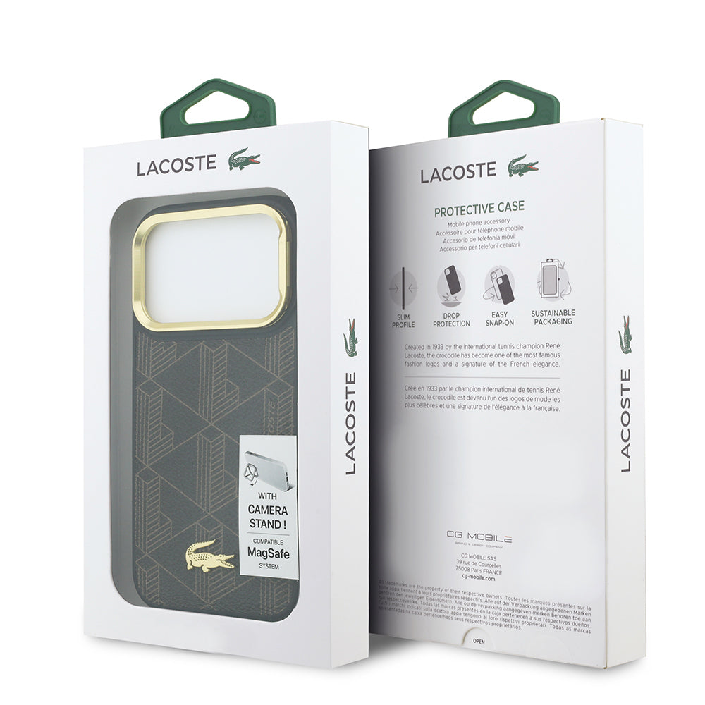 Apple iPhone 17 Pro Max Kılıf Lacoste Orjinal Lisanslı M-safe Şarj Özellikli Standlı PU Deri Karışık Monogram Desenli Kapak