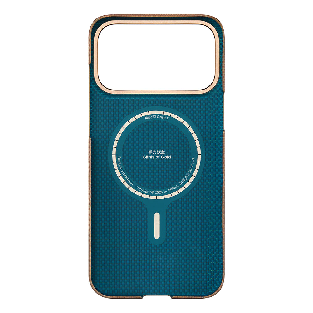 Apple iPhone 17 Pro Max Kılıf M-safe Şarj Özellikli Aramid Fiber Pitaka Glints of Gold Ultra Slim Serisi Kapak Mavi