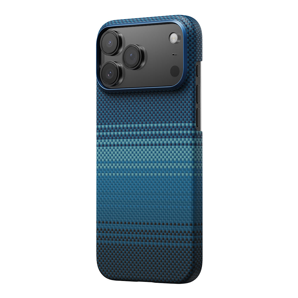 Apple iPhone 17 Pro Max Kılıf M-safe Şarj Özellikli Aramid Fiber Pitaka Tactile Woven Sunset-Moonrise Serisi Sunset Kapak Mavi