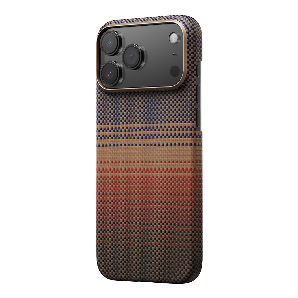 Apple iPhone 17 Pro Max Kılıf M-safe Şarj Özellikli Aramid Fiber Pitaka Tactile Woven Sunset-Moonrise Serisi Sunset Kapak Kahverengi
