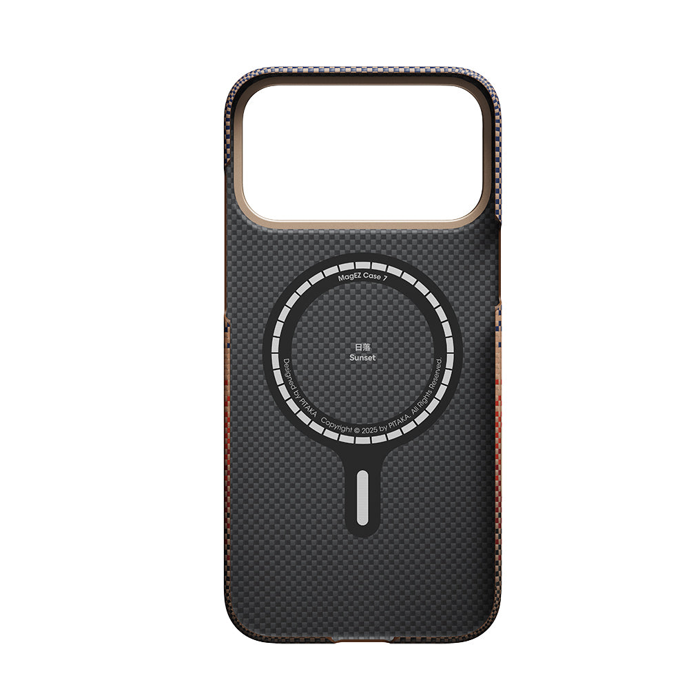 Apple iPhone 17 Pro Max Kılıf M-safe Şarj Özellikli Aramid Fiber Pitaka Tactile Woven Sunset-Moonrise Serisi Sunset Kapak Kahverengi