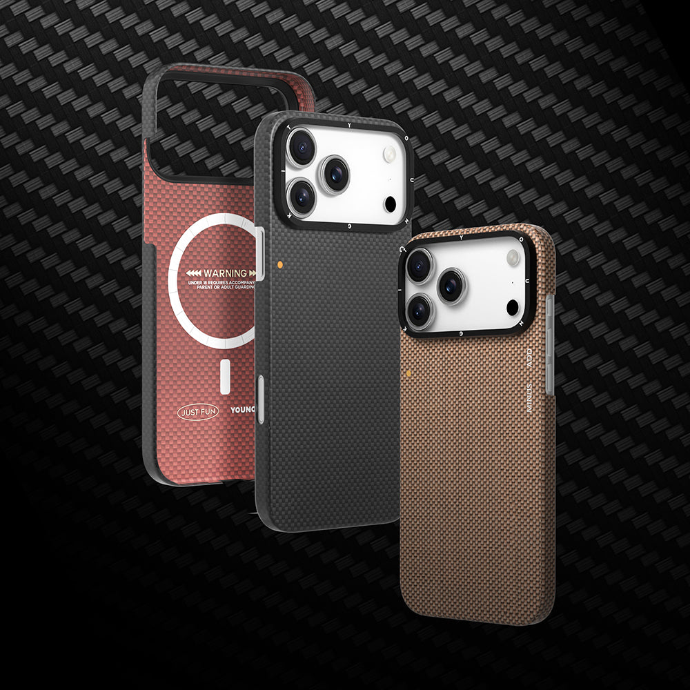 Apple iPhone 17 Pro Max Kılıf M-safe Şarj Özellikli Aramid Fiber Youngkit 1500D Kevlar Extreme Wing Titanyum-Gold Serisi Kapak Siyah