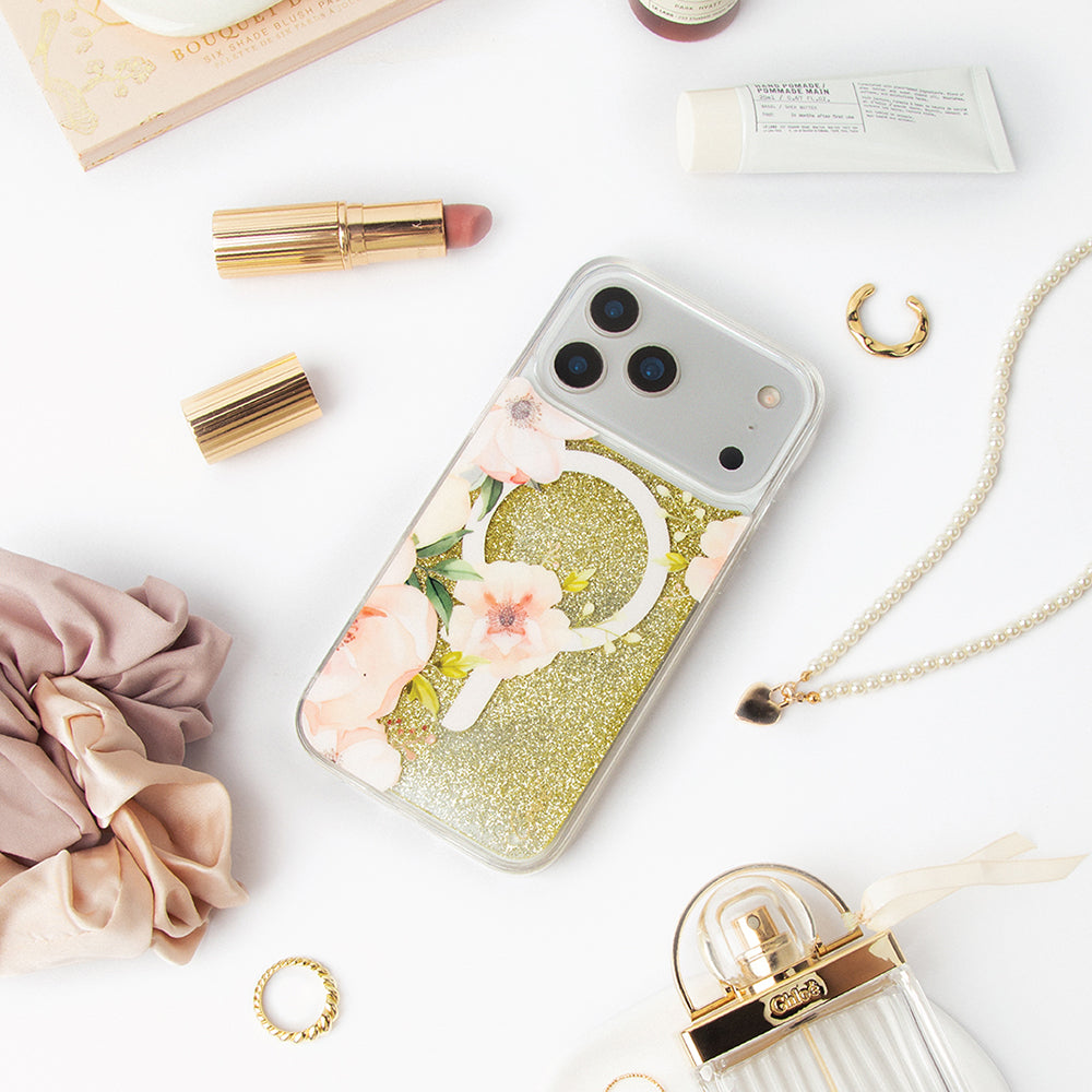 Apple iPhone 17 Pro Max Kılıf M-safe Şarj Özellikli Çiçek Desenli Simli Arka Yüzey Coehl Fleurette Kapak Gold