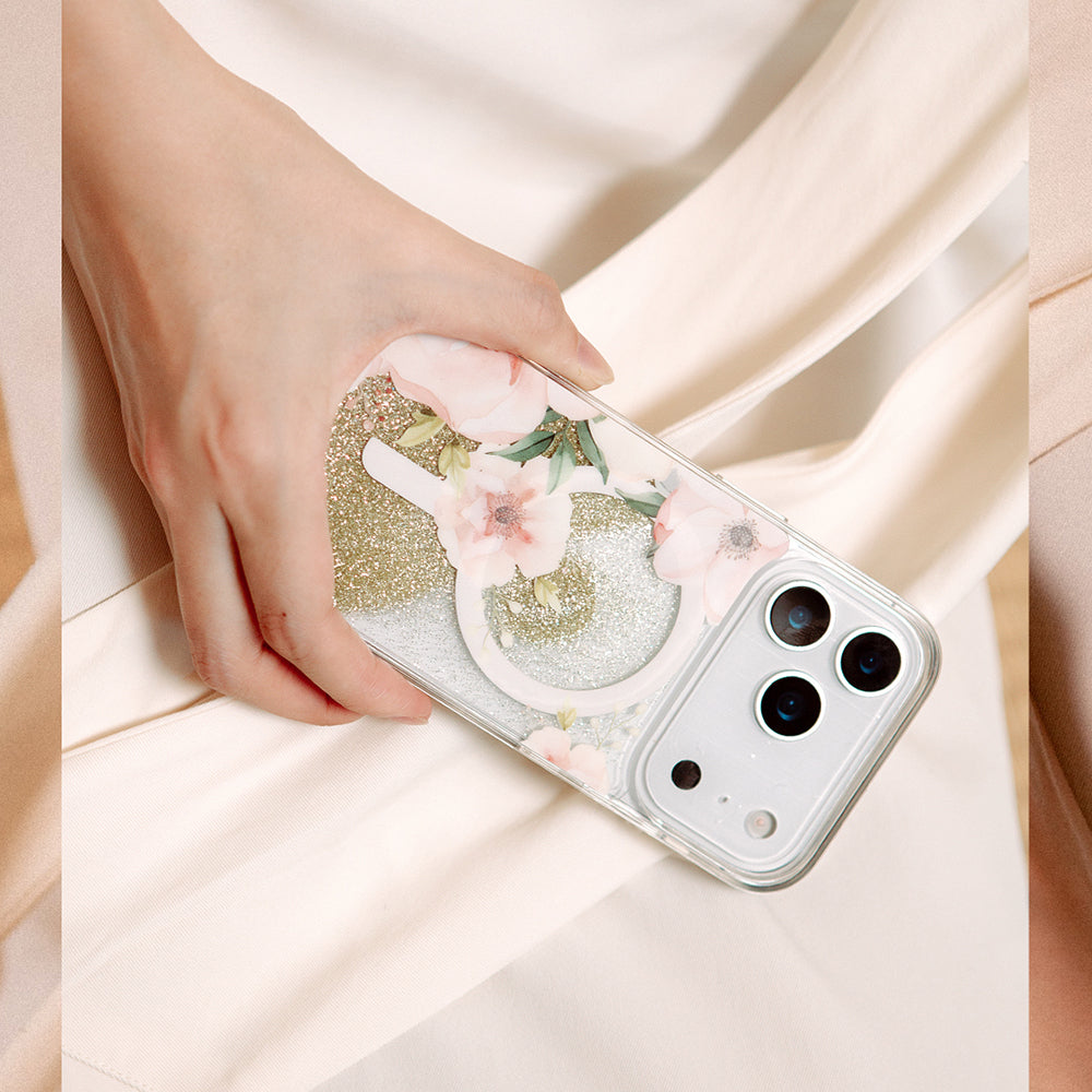 Apple iPhone 17 Pro Max Kılıf M-safe Şarj Özellikli Çiçek Desenli Simli Arka Yüzey Coehl Fleurette Kapak Gold