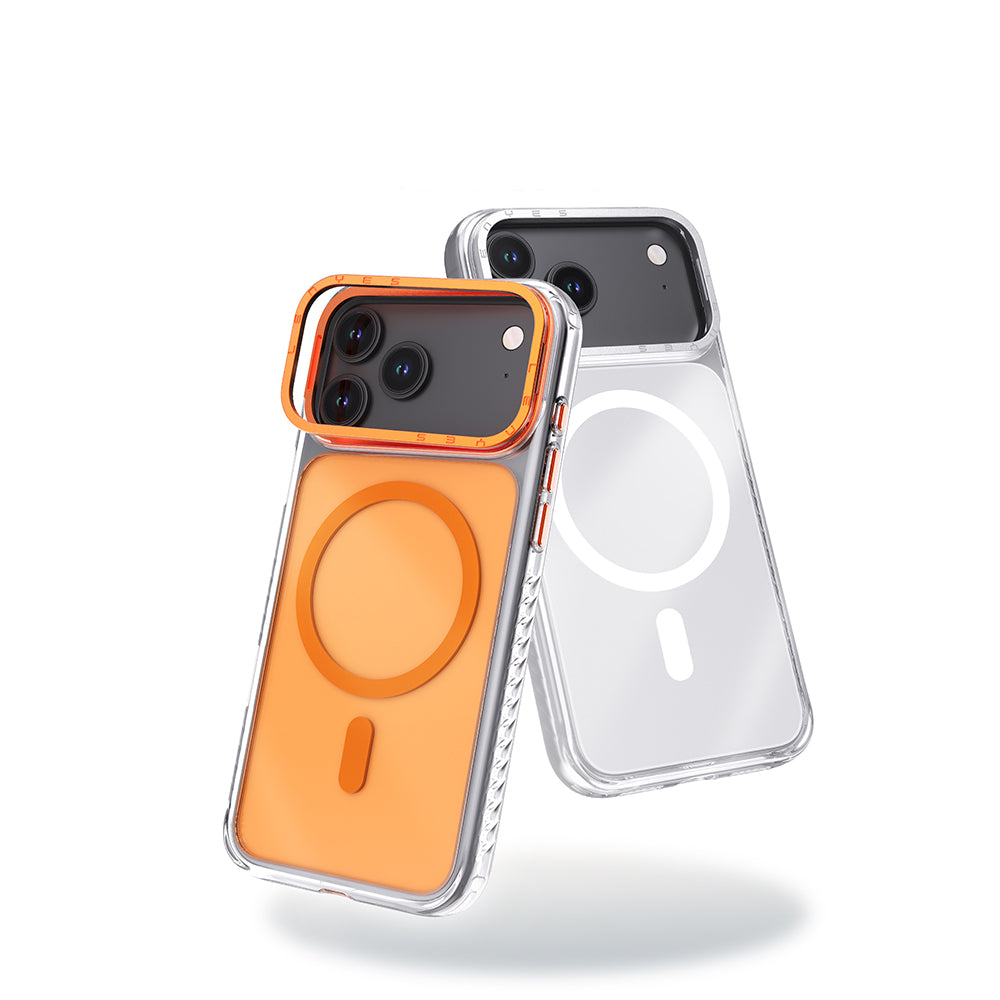 Apple iPhone 17 Pro Max Kılıf M-safe Şarj Özellikli Metal Kamera Çerçeveli Airbag Tasarımlı Lenyes CK221 Sert PC Kapak Turuncu