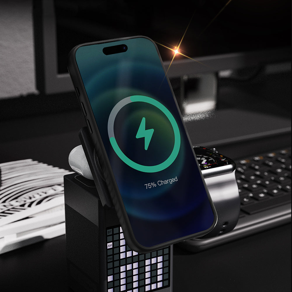 Apple iPhone 17 Pro Max Kılıf M-safe Şarj Özellikli Metal Standlı Lenyes CK225 Kevlar Kapak Siyah