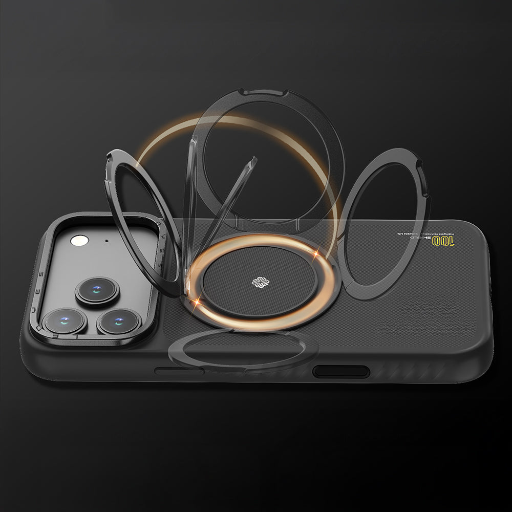 Apple iPhone 17 Pro Max Kılıf M-safe Şarj Özellikli Metal Standlı Lenyes CK225 Kevlar Kapak Siyah