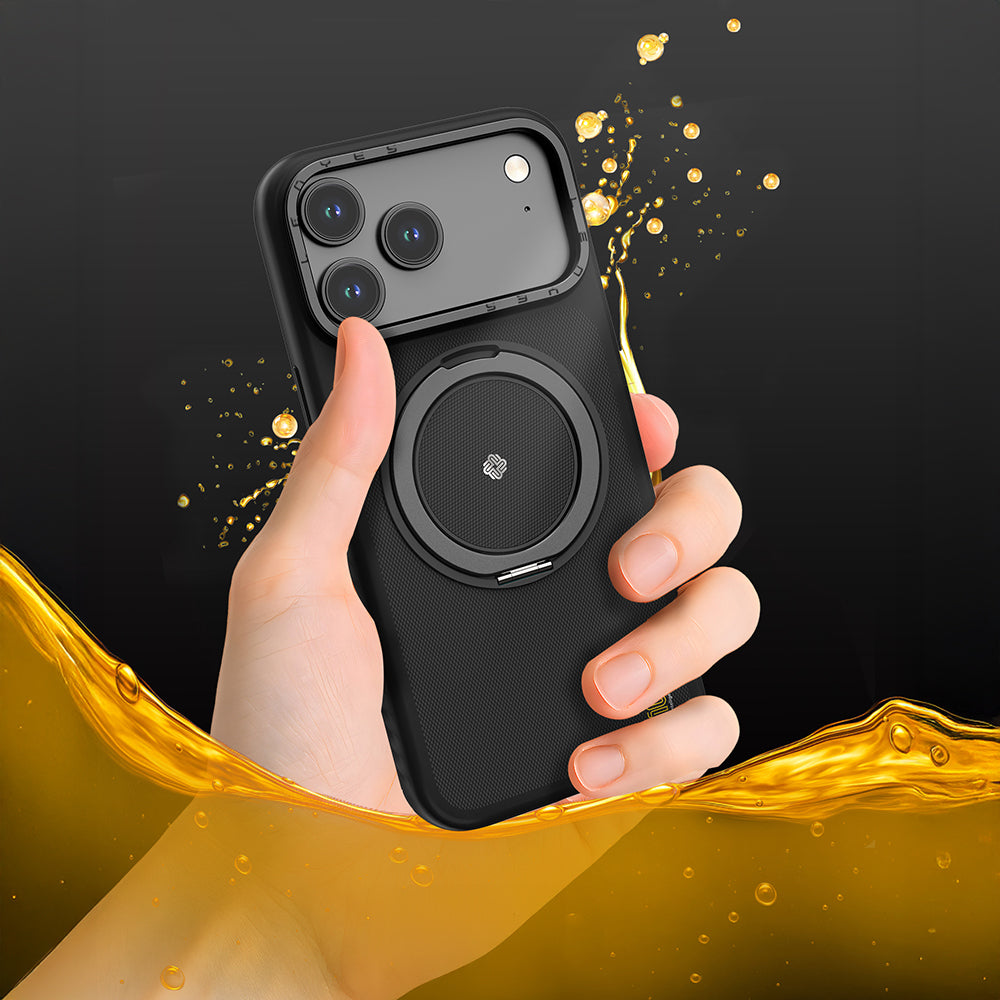 Apple iPhone 17 Pro Max Kılıf M-safe Şarj Özellikli Metal Standlı Lenyes CK225 Kevlar Kapak Siyah