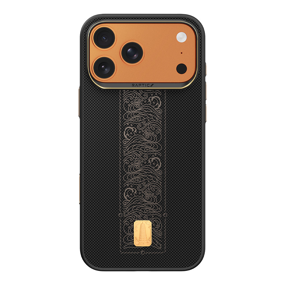Apple iPhone 17 Pro Max Kılıf M-safe Şarj Özellikli Raptic Aramid Dual Rise Serisi 24 Ayar Altın Kaplamalı Karbon Kapak