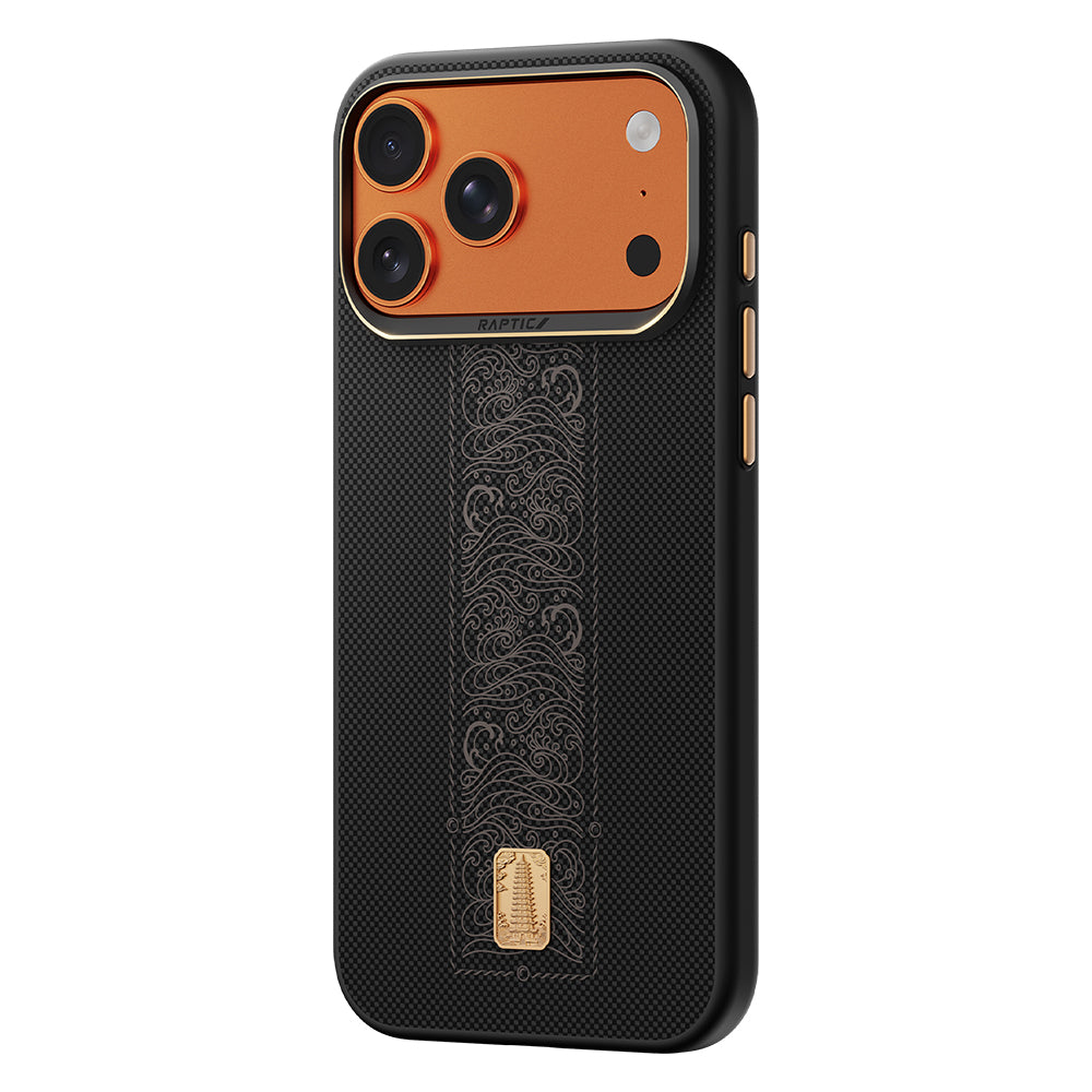 Apple iPhone 17 Pro Max Kılıf M-safe Şarj Özellikli Raptic Aramid Dual Rise Serisi 24 Ayar Altın Kaplamalı Karbon Kapak